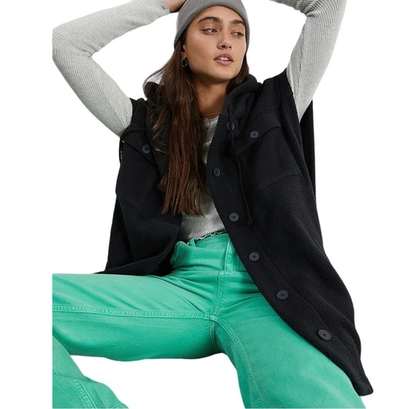 PacSun Women’s Hooded Polar Fleece Vest Size M/L Black Oversized Long Pockets - Picture 1 of 10